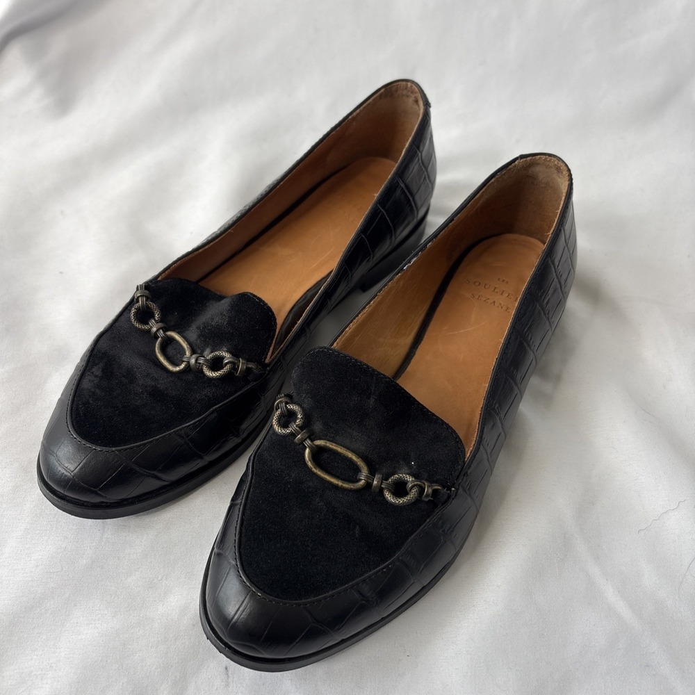 Souliers Sezane Marius Women 6/36 Black Loafers Croc Leather Chain Embellishment